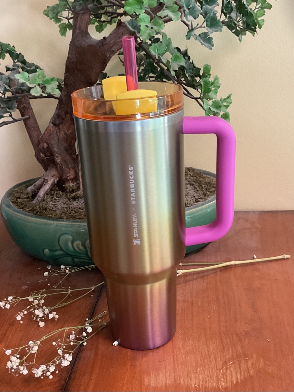 Stanley x Starbucks Iridescent Travel Tumbler with Pink Handle and Yellow lid
